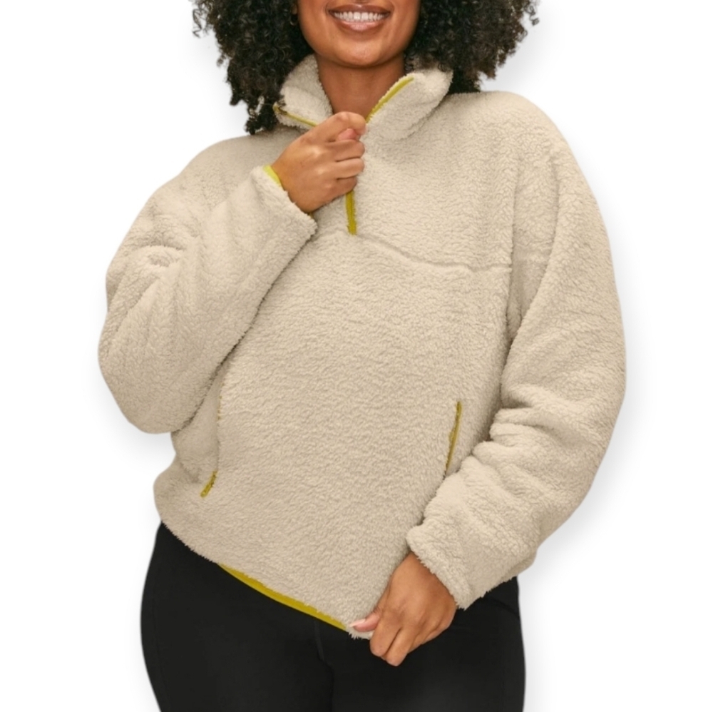 Girlfriend Collective Sherpa Fleece Half 1/2 Zip Pullover Cream Green Trim XL